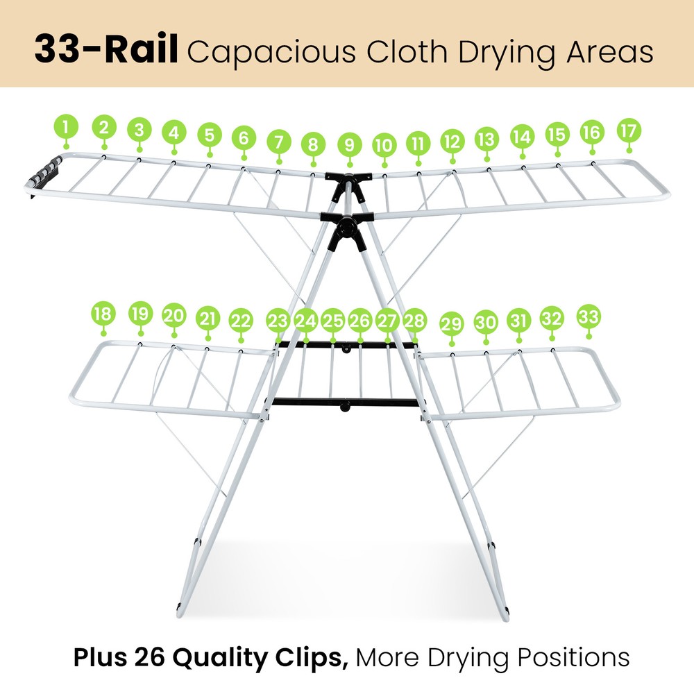 2-Tier Foldable Clothes Drying Rack 2-Level Garment Hanger w/Adjustable Gullwing