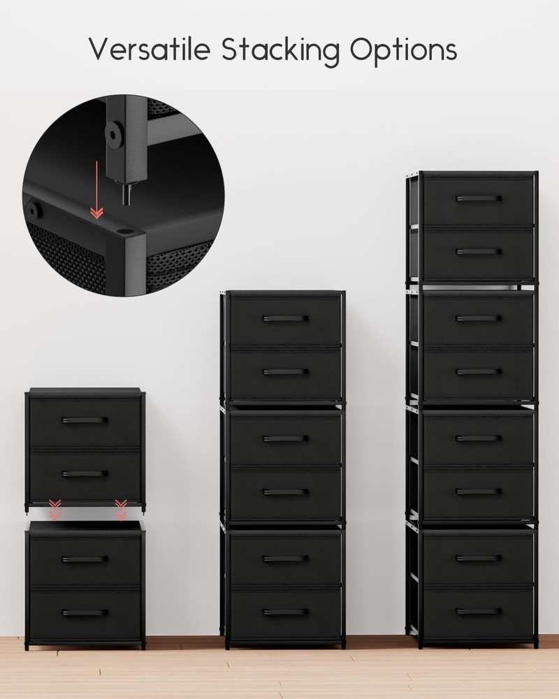Stackable Storage Drawers - 2 Pack Closet Organizer with Metal Handles, Black