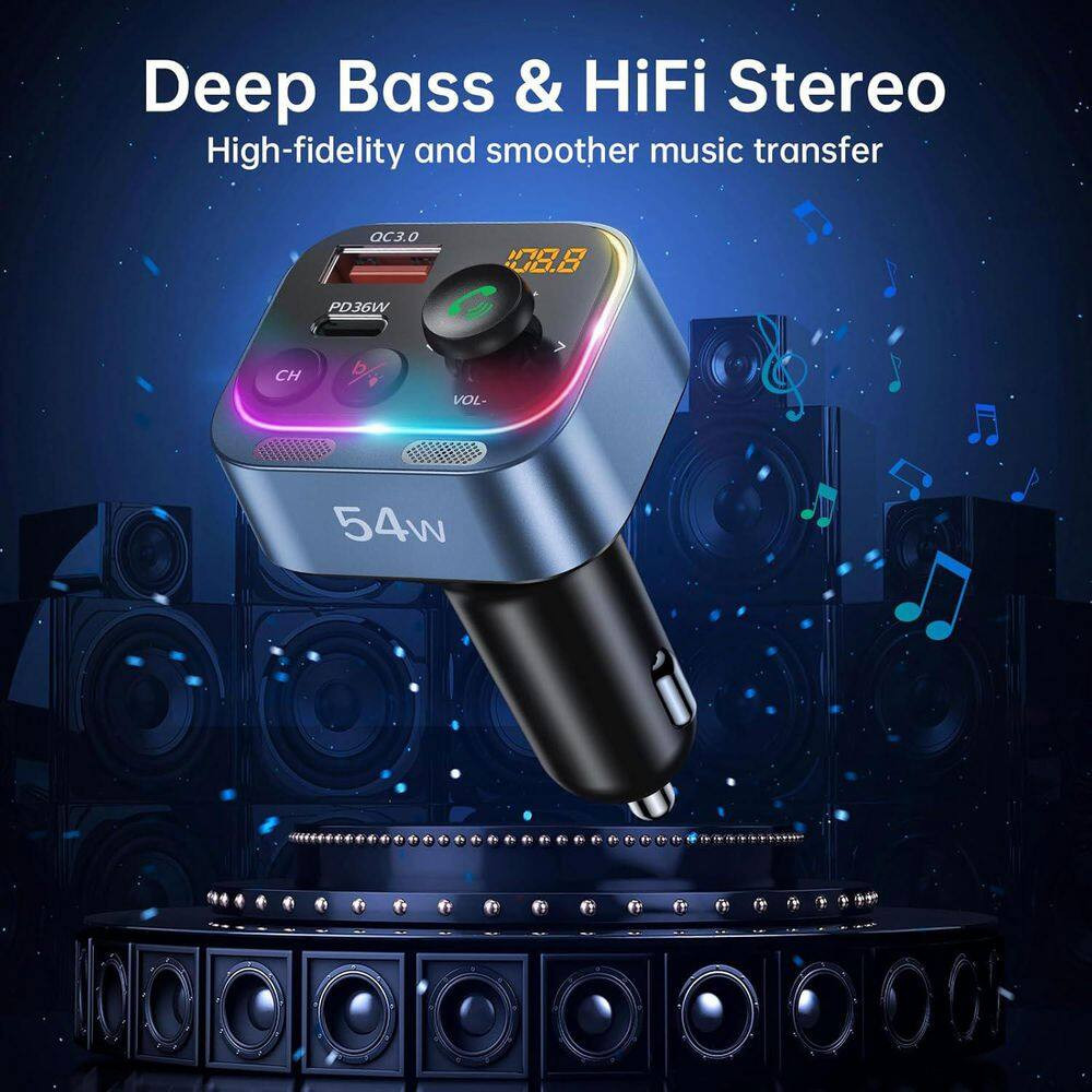 Bluetooth 5.4 FM Transmitter Car Adapter 54-Watt Fast Charging Dual Mics Hifi De