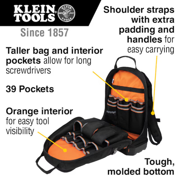 Klein Tools Tradesman Pro Tool Bag Backpack, 39 Pockets