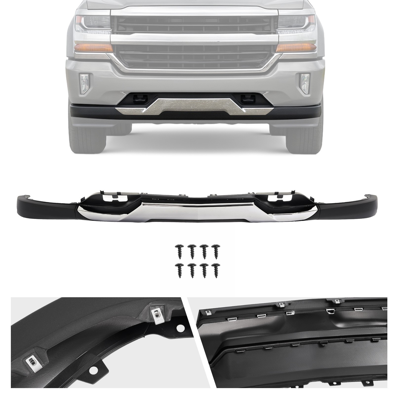 For Chevy Silverado 1500 2016-2019 Black Front Bumper Valance &Chrome Skid Plate