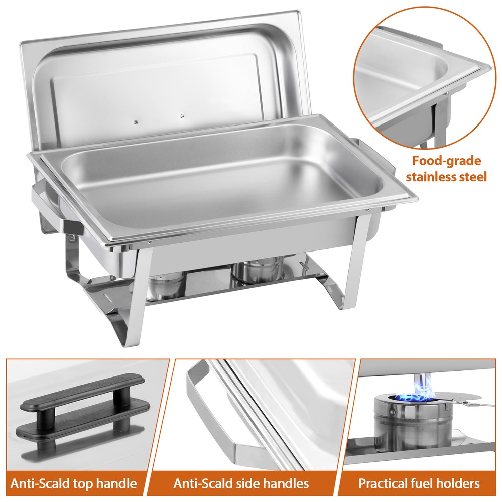 4PCS Stainless Steel Rectangular Chafing Dish Set Dish Buffet Trays 8QT Durable