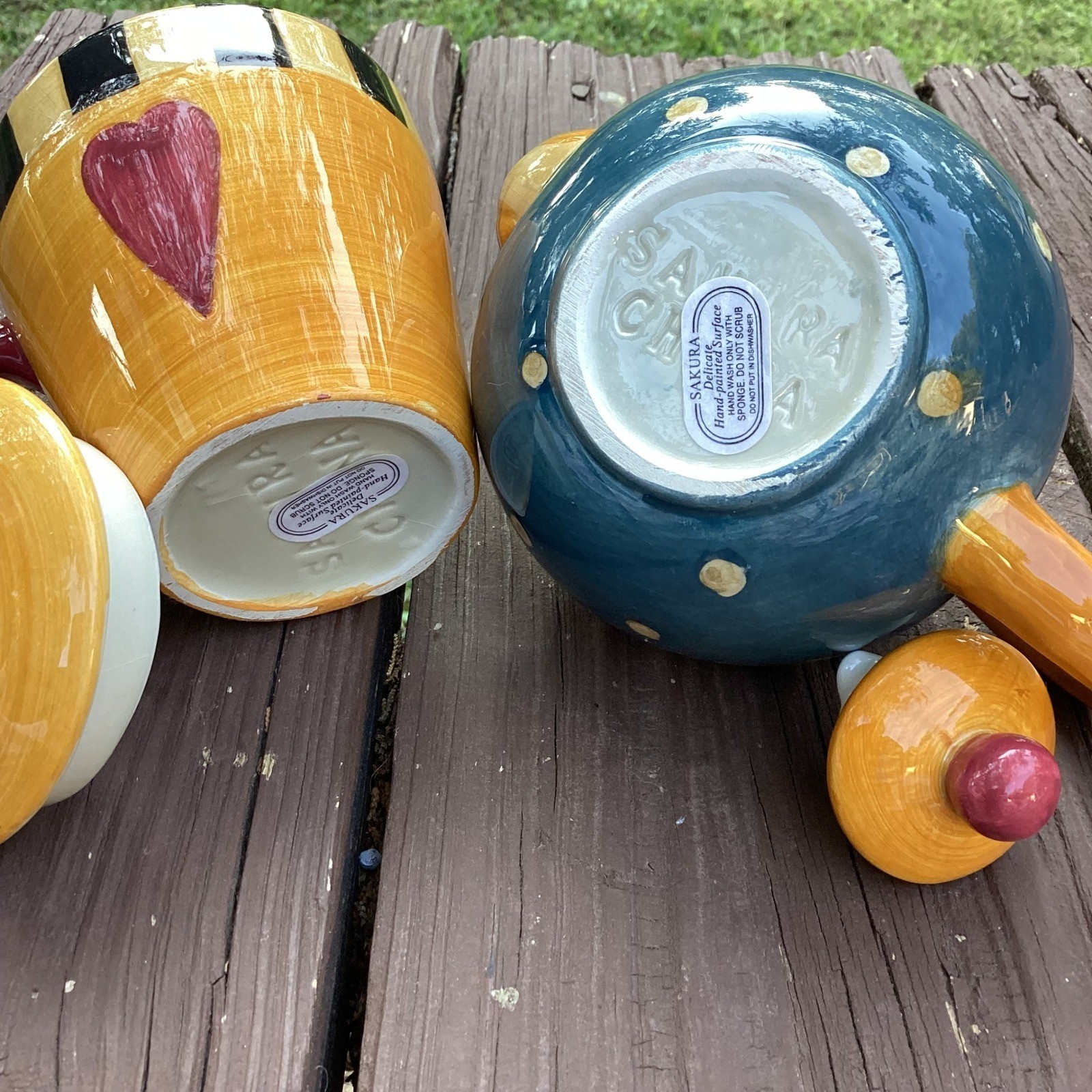 Sakura Hand Painted Ceramic Teapot and Sugar Bowl Set Whimsical Heart Polka Dot