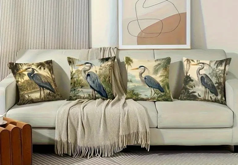 Stunning 4 PC Set Great Blue HERON Pillow Covers 18"x18" Luxury Home Decor