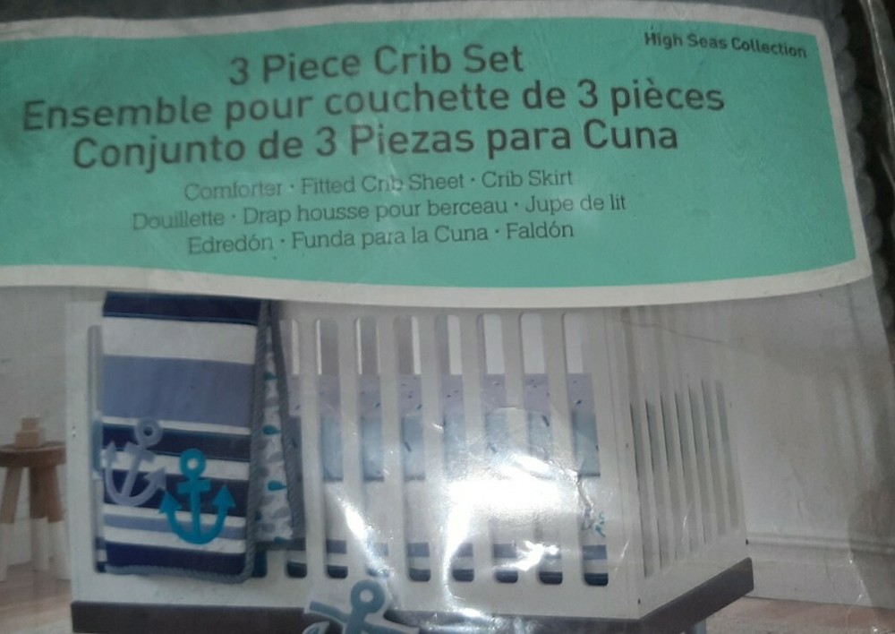 NEW HIGH SEAS 3PC CRIB SET NAVY BLUE & GRAY ANCHOR *