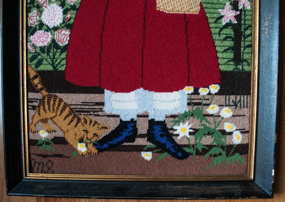 Finished Rectangular Needlepoint Portrait Girl 27x17 Framed