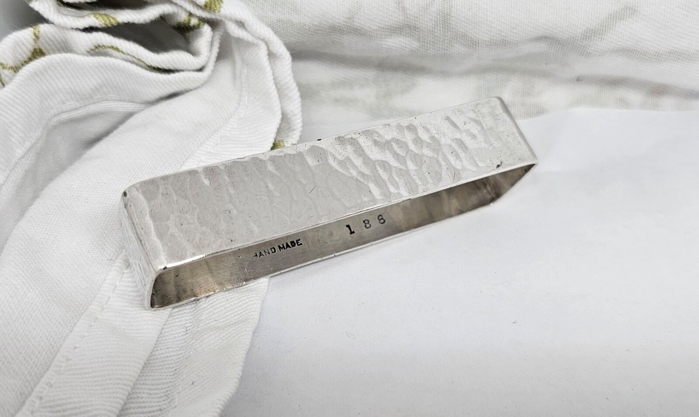 ANTIQUE LEBOLT LARGE HAND HAMMERED STERLING SILVER RECTANGULAR NAPKIN RING,D