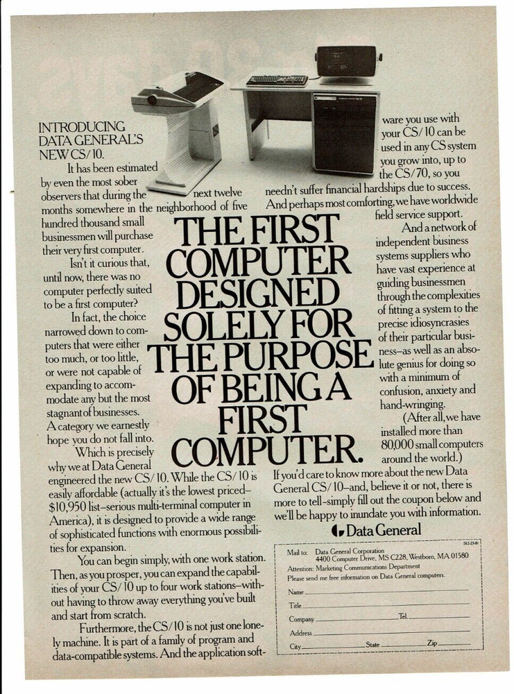 1981 Vintage Print Ad Data General CS/10 The First Computer Designed Solely For