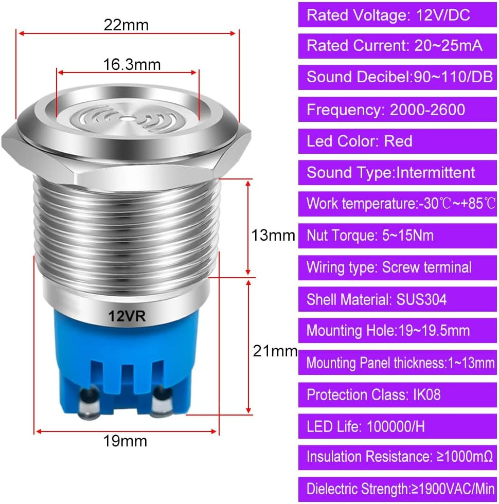 2Pcs 12V 19mm Red LED Indicator Light Buzzer 90dB for Panel DIY Projects