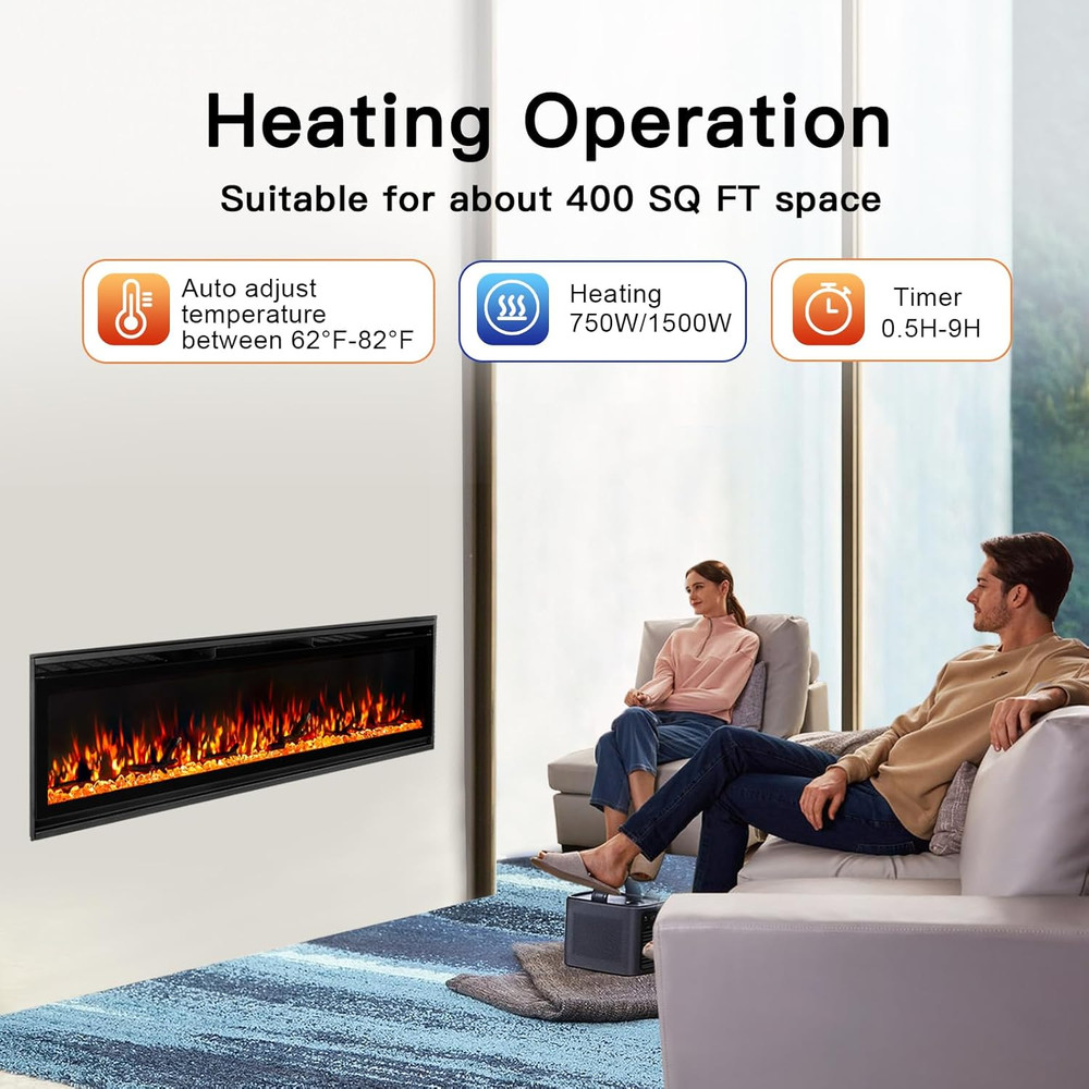 60" Wall Mounted Electric Fireplace with Remote, Multicolor Flames & Timer