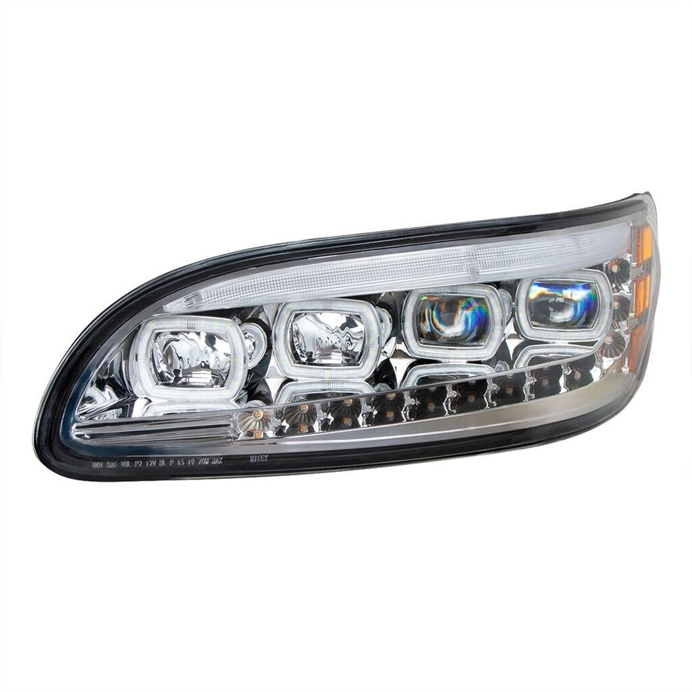 Pair Chrome Quad-LED Headlights With LED DRL & Sequential Signal For Peterbilt