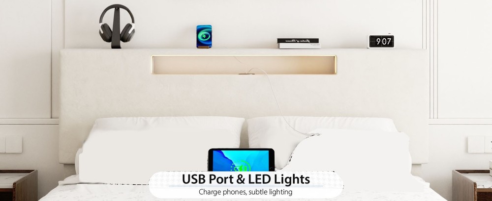 Upholstered Platform Bed Large Size Frame With LED Light And Charging Function