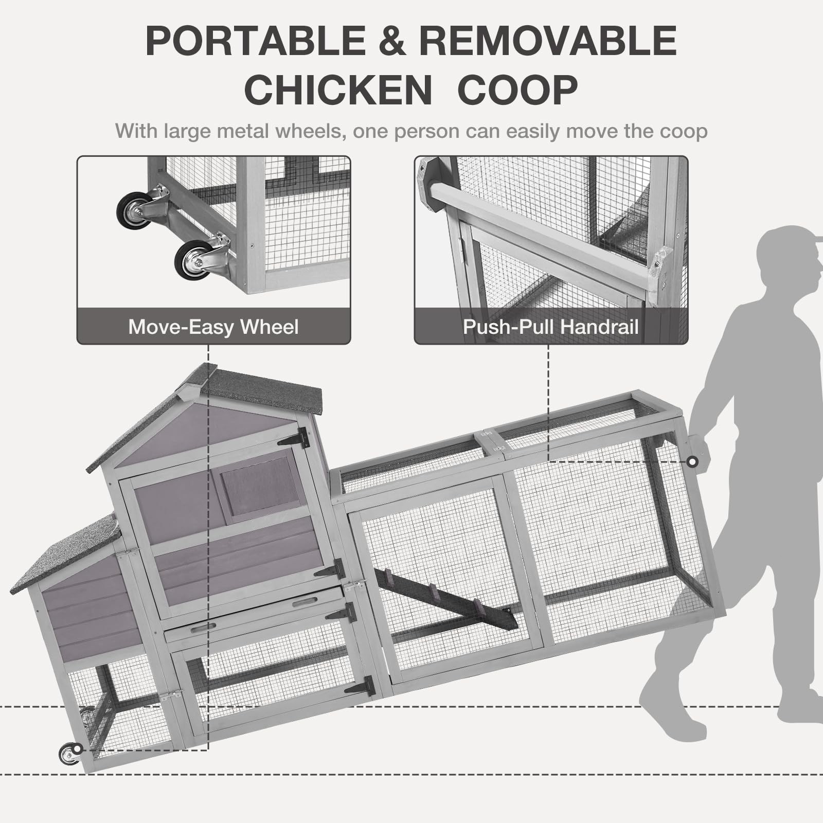 Chicken Coop for Outdoor - Poultry Cage with Wheels Large Mobile Hen House