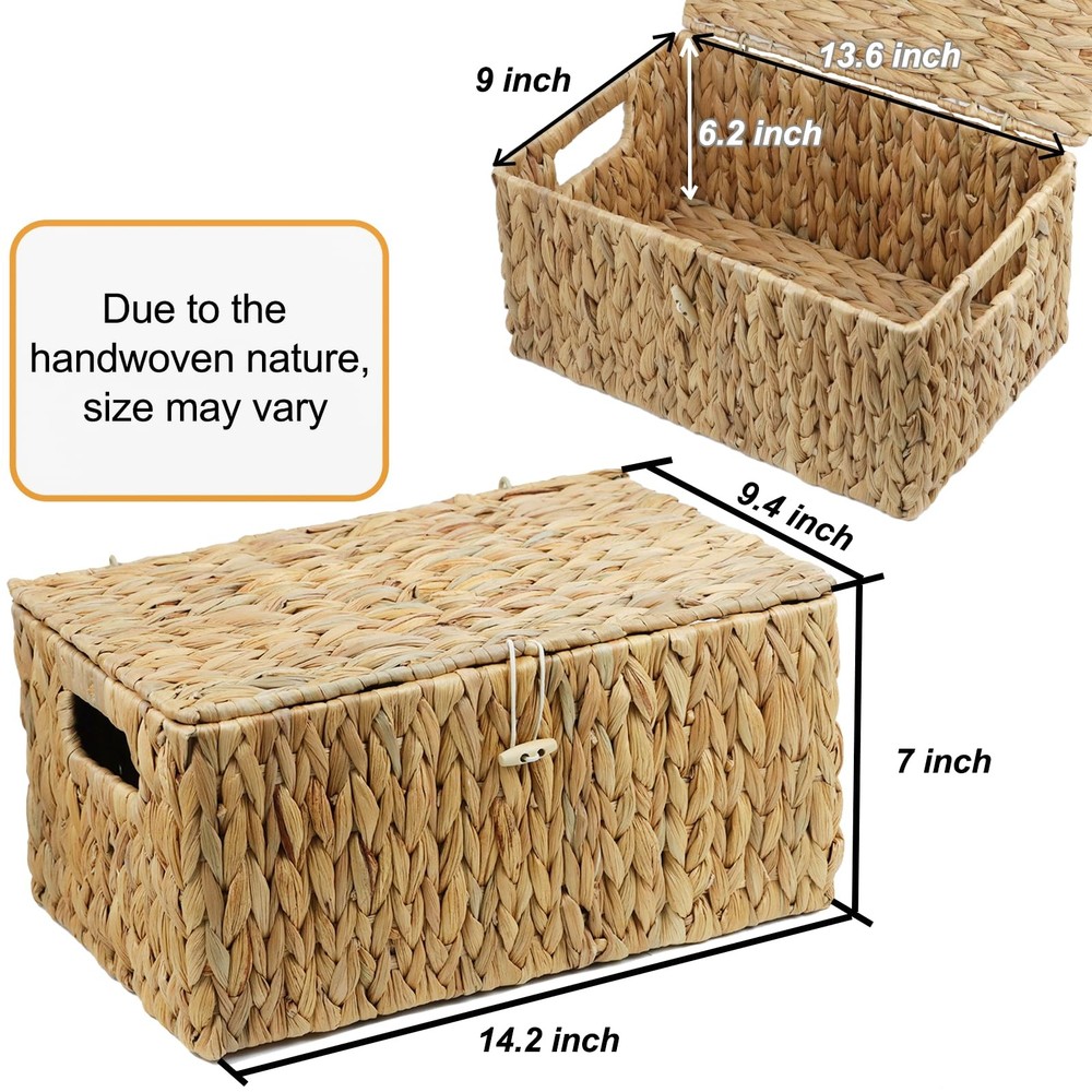 Large Wicker Basket with Lid, Rectangular Water Hyacinth Storage Baskets for ...