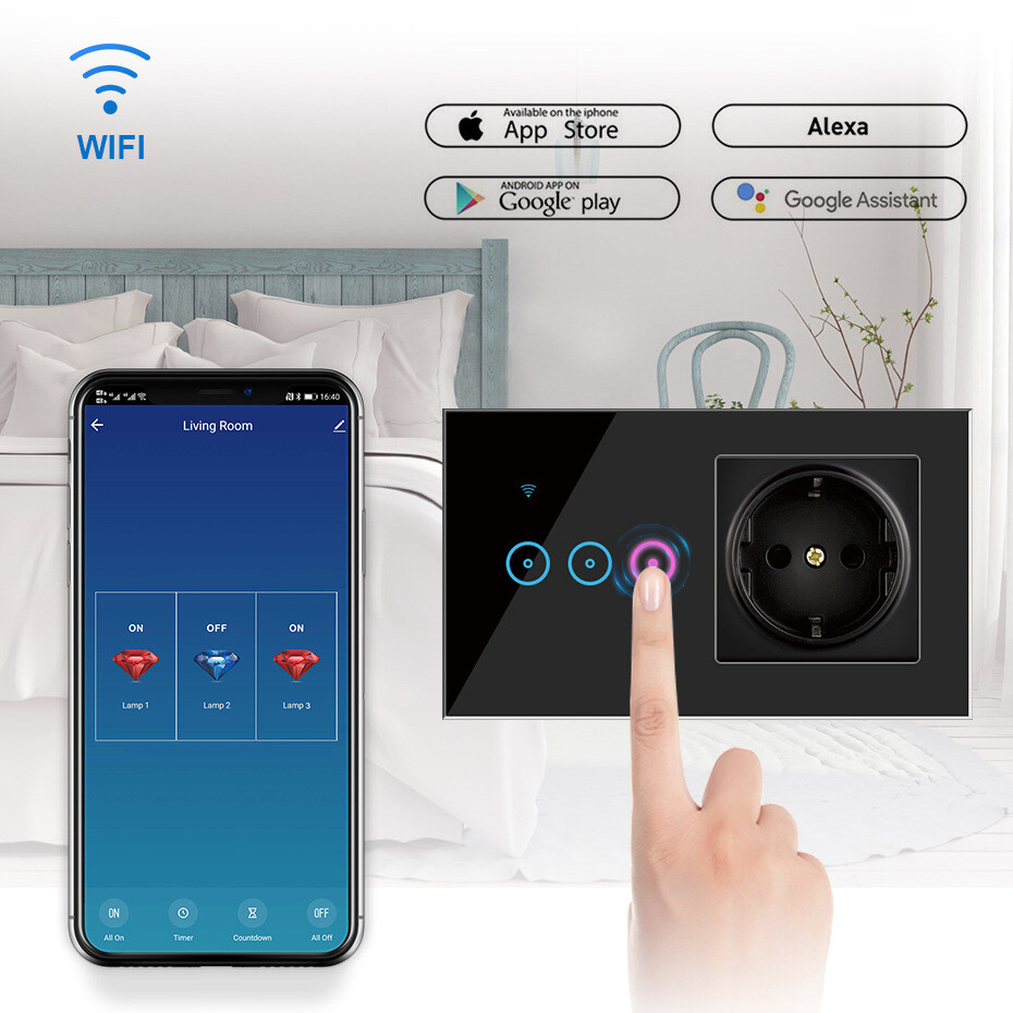 TUYA Smart Life APP WiFi Light Switch Socket EU Touch Panel Works w/Alexa Google