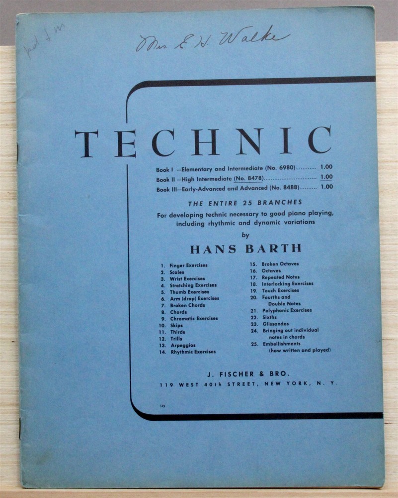 TECHNIC Book II High Intermediate Piano Method Instruction Book by Hans Barth