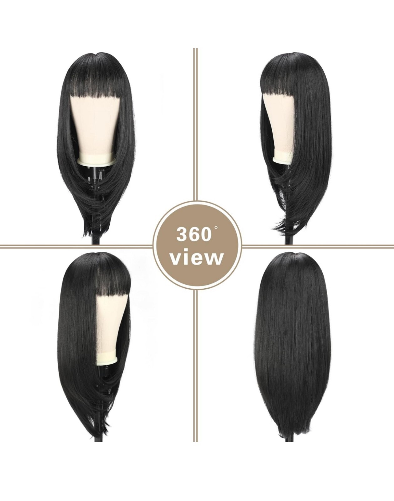 24 Inch Straight Long Black Wig with Bangs, Synthetic Hair Wigs