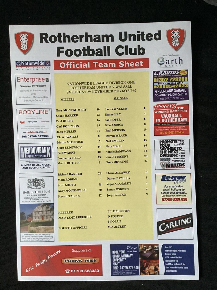 2003/4 Rotherham Utd v Walsall teamsheet