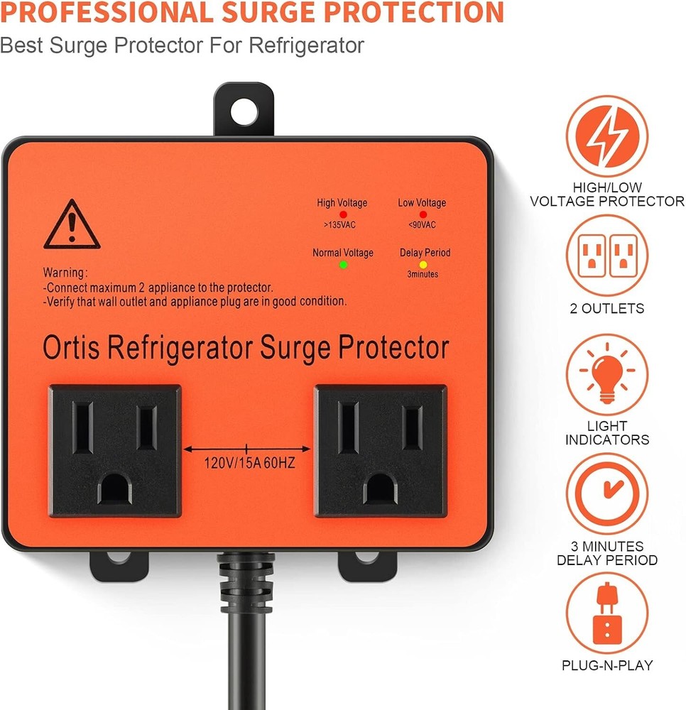 Enhanced Voltage Protector - Safeguard Refrigerators with 3Min Delay & 2 Outlets
