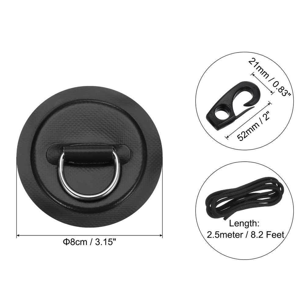 4Pcs Stainless Steel D-Ring Patch Round Patch with Elastic Cords & Hooks Black