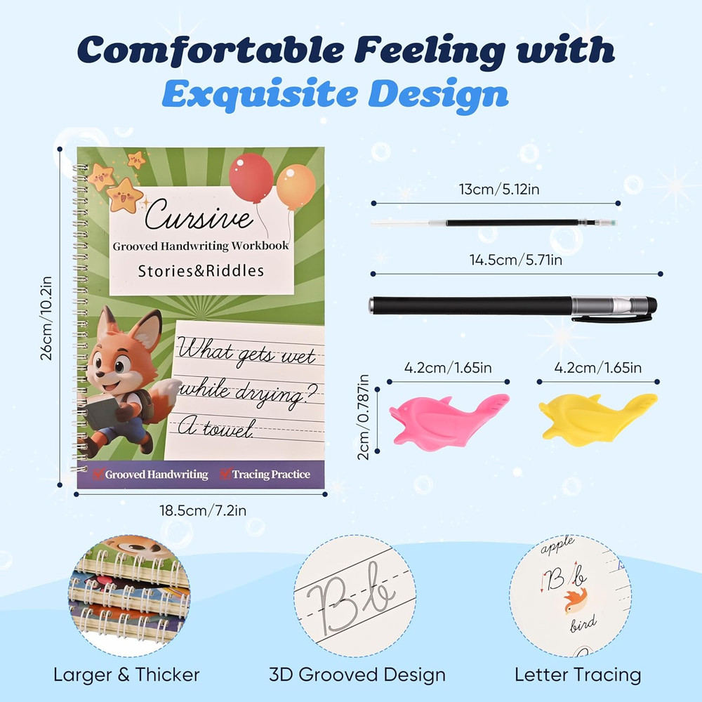 AALGO 3 Pack Grooved Cursive Handwriting Workbook,Reusable Cursive Letter Tracin