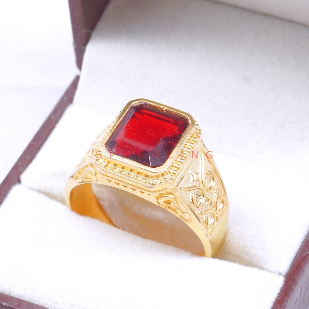 Garnet Emerald Cut With 14K Solid Gold Ring For Men's #E517