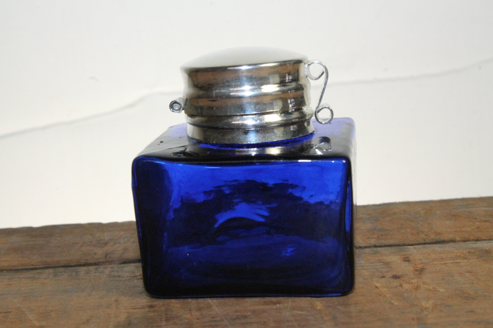 Vintage Antique Style Square Cobalt Blue Glass Inkwell Bottle ink