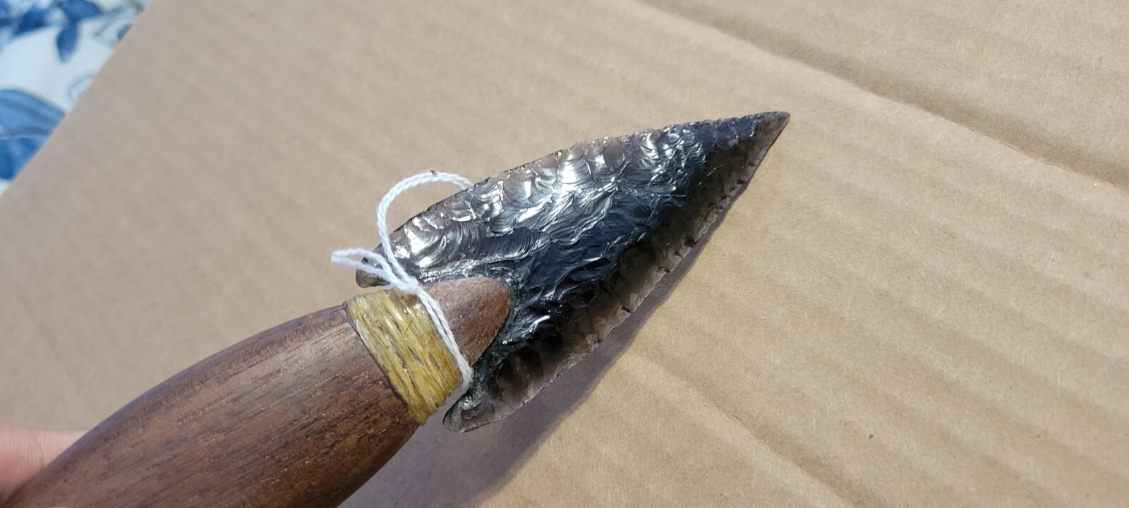 Native Amer.Smokey Obsidian Stone Knife Wood Handle Oregon Dbl. Edge Translucent