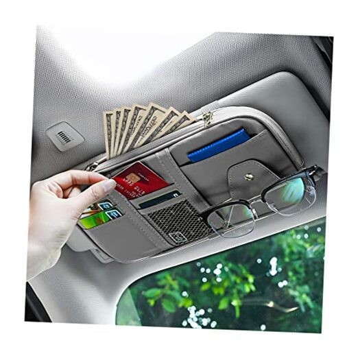 Car Sun Visor Organizer, PU Leather Document Registration Case Bag with Gray