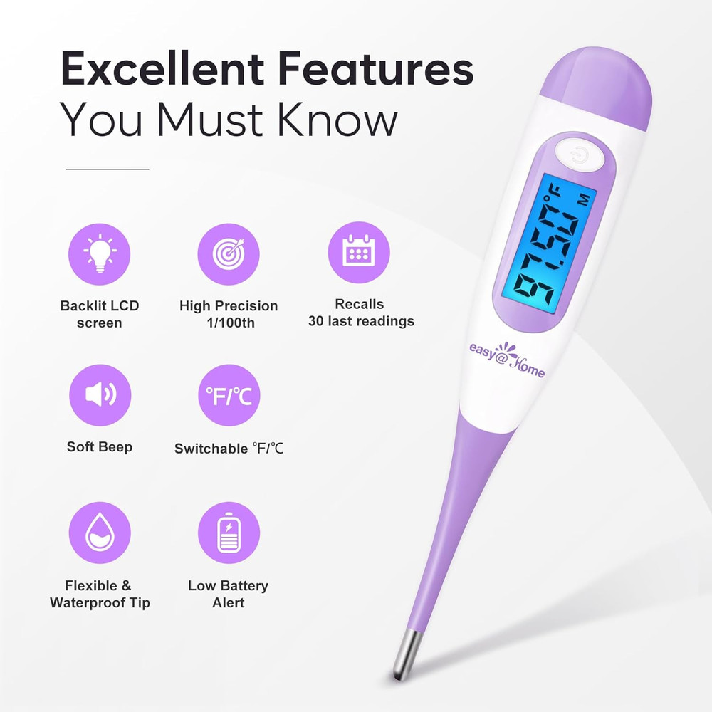 Easy@Home Digital Basal Thermometer with Large Backlight LCD Display, 1/100th De