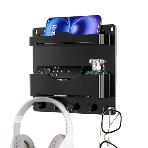 Bedside Wall Shelf with Glasses Hooks ，Adhesive Bedside Organizer Wall Black