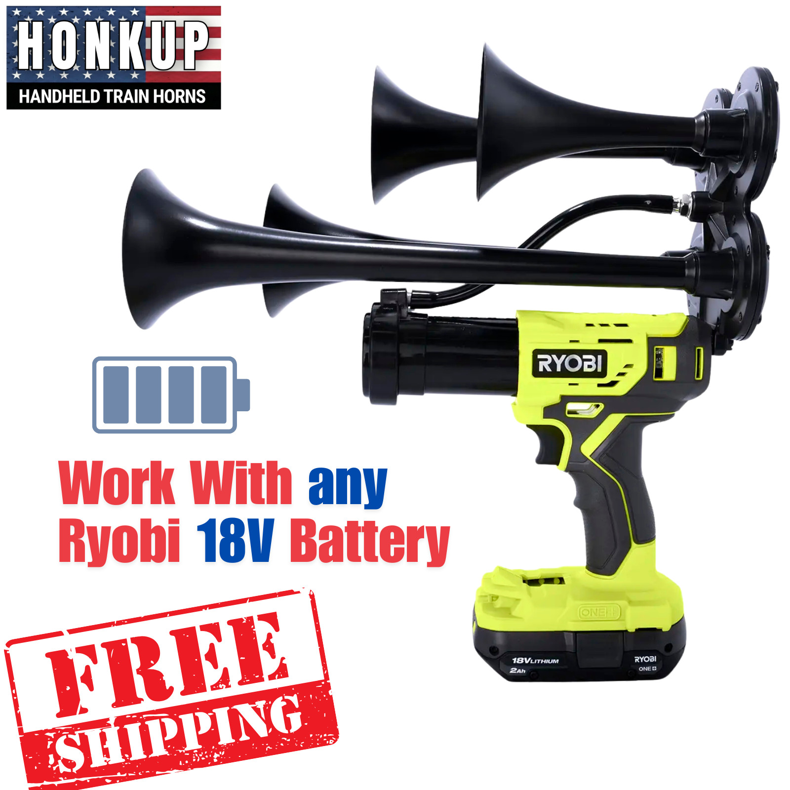 Ryobi 18V Quad Train Horn | Black Metal Horns + Extended Remote Control