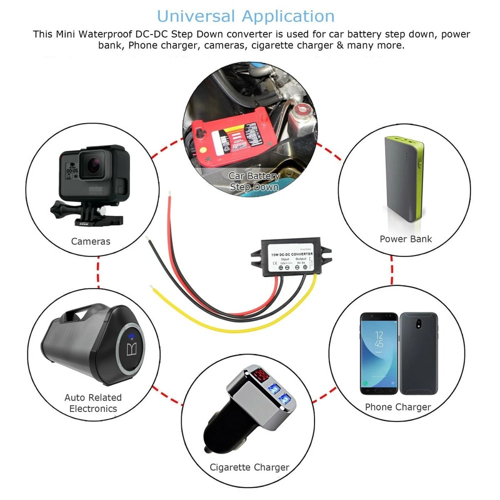 Accessory 2pcs Waterproof 12V to 5V Step Down Converter 3A 89% Efficiency Module