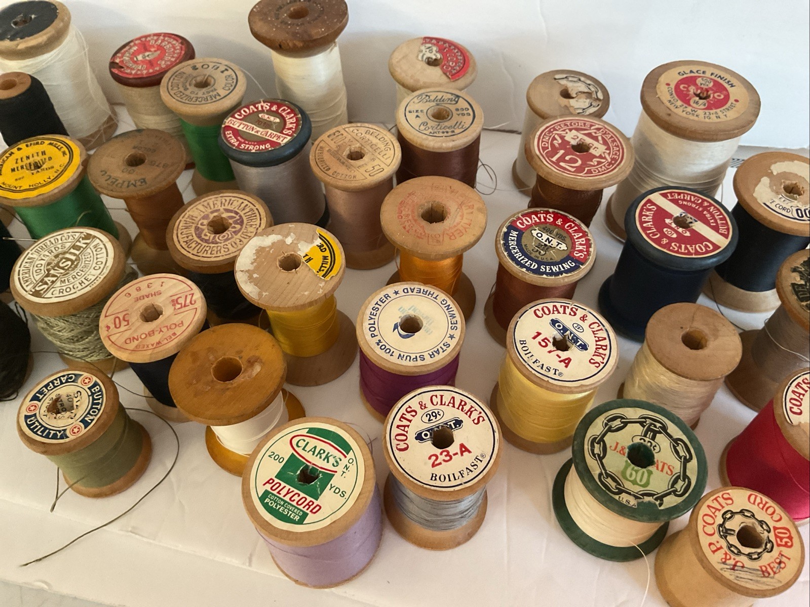 Vintage Lot of 40 Wooden Sewing Thread Spools Crafts Various Brands Full Partial