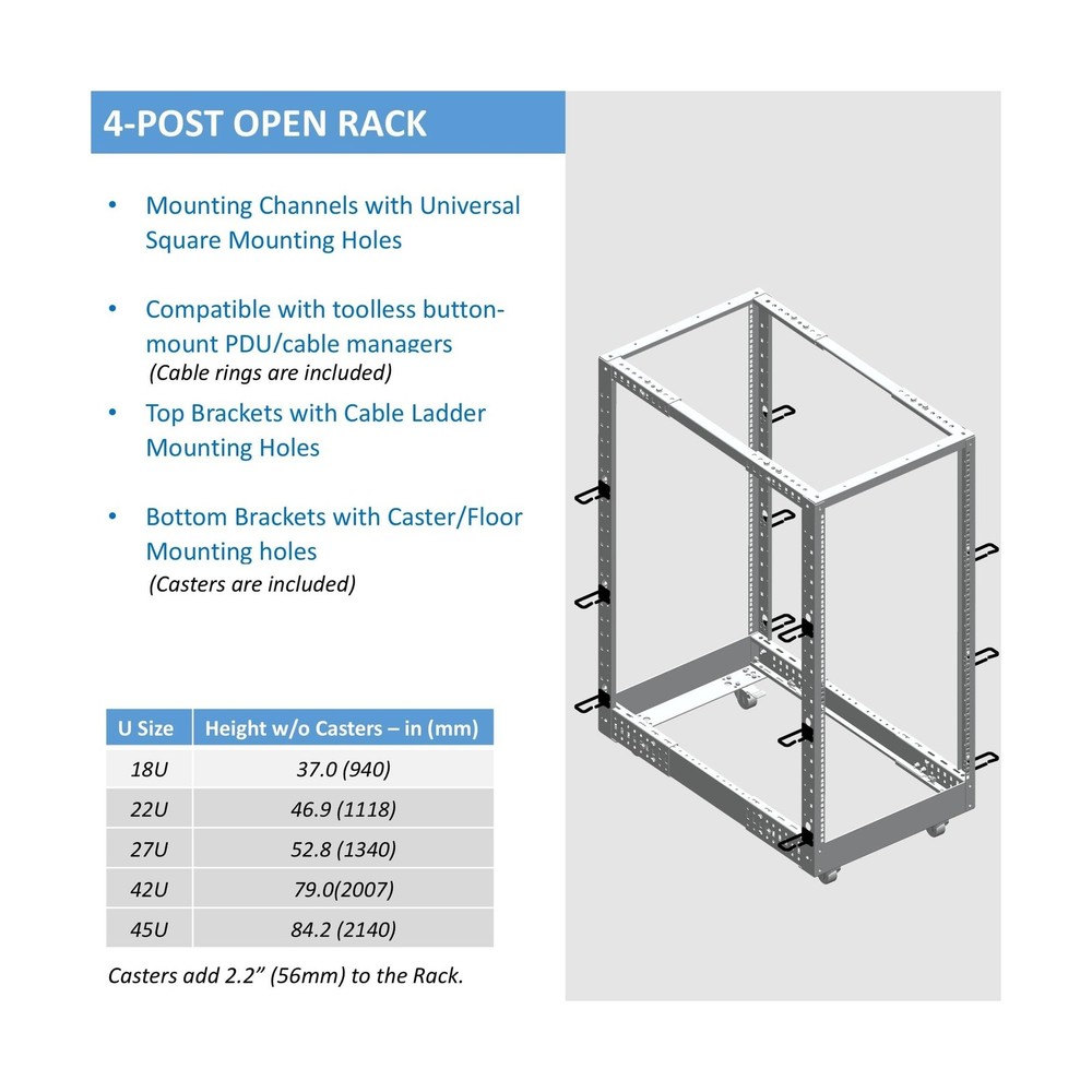 AEONS 22U 4-Post IT Open Frame Server Rack 19 Inch Depth-Adjustable (22" to 4...