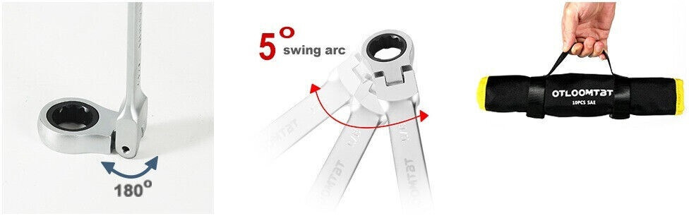 10pcs Flexible Head Ratcheting Wrench Set Double Box End SAE Spanner Tool Kit