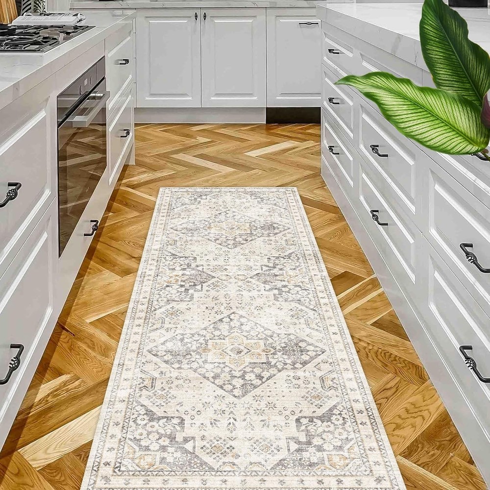 Washable Kitchen Runner 2' x 6' (Rectangular), Beige Taupe Orange