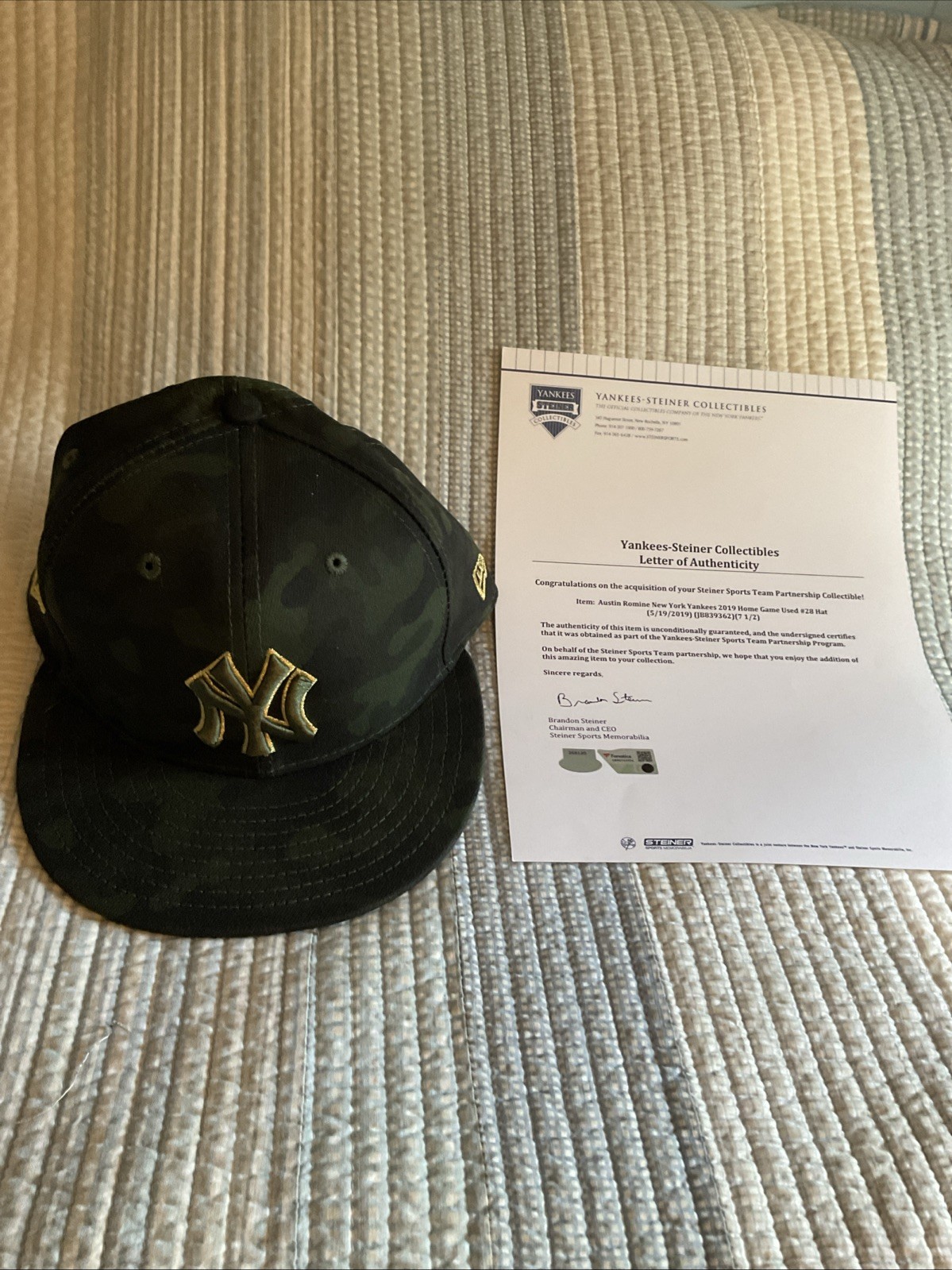 AUSTIN ROMINE *GAME USED* Memorial Day 5/19/19  CAMO HAY#28. COA STEINER