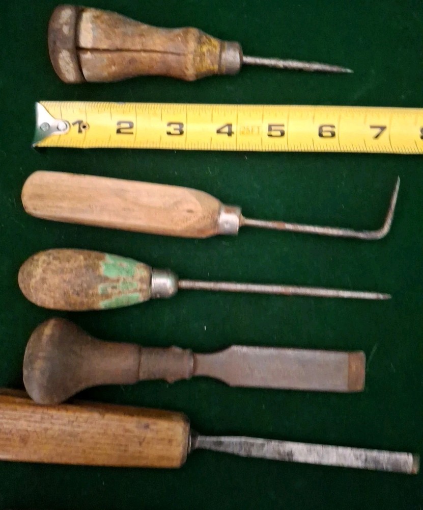 6 Vintage Wood Handled Awl / Punch~Scraper/Strike Cap CHISEL?