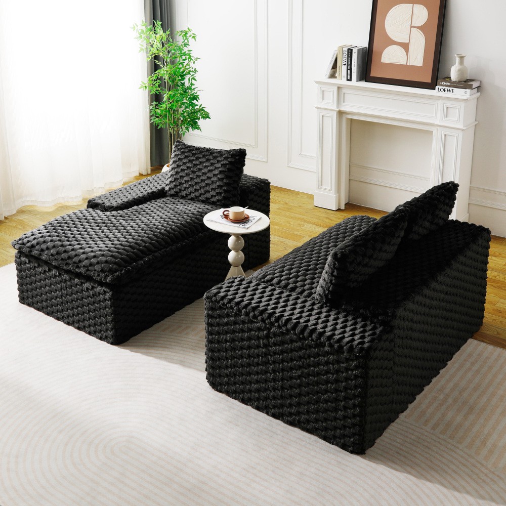 Black Convertible Sofa w/ Chaise Lounge - L-Shape Straight Modular