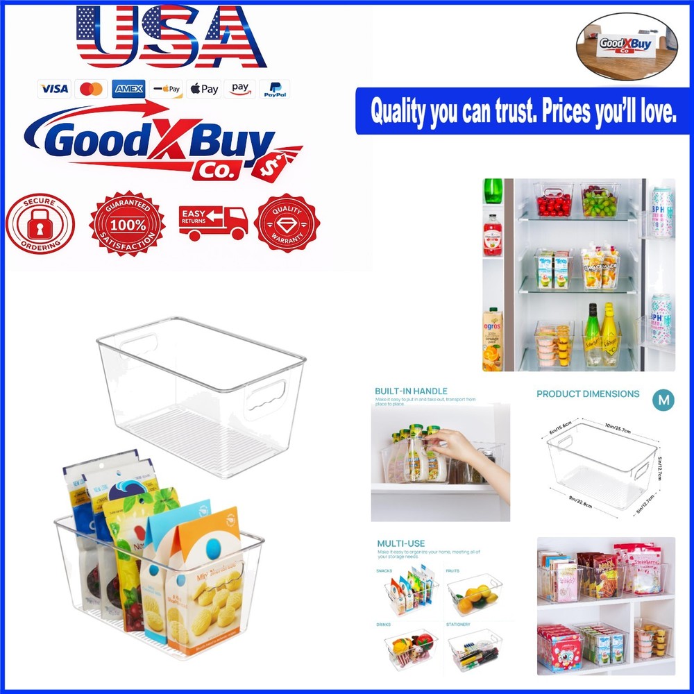 Clear Plastic Storage Bins 2pcs Medium with Handles for Kitchen Pantry Refrig...