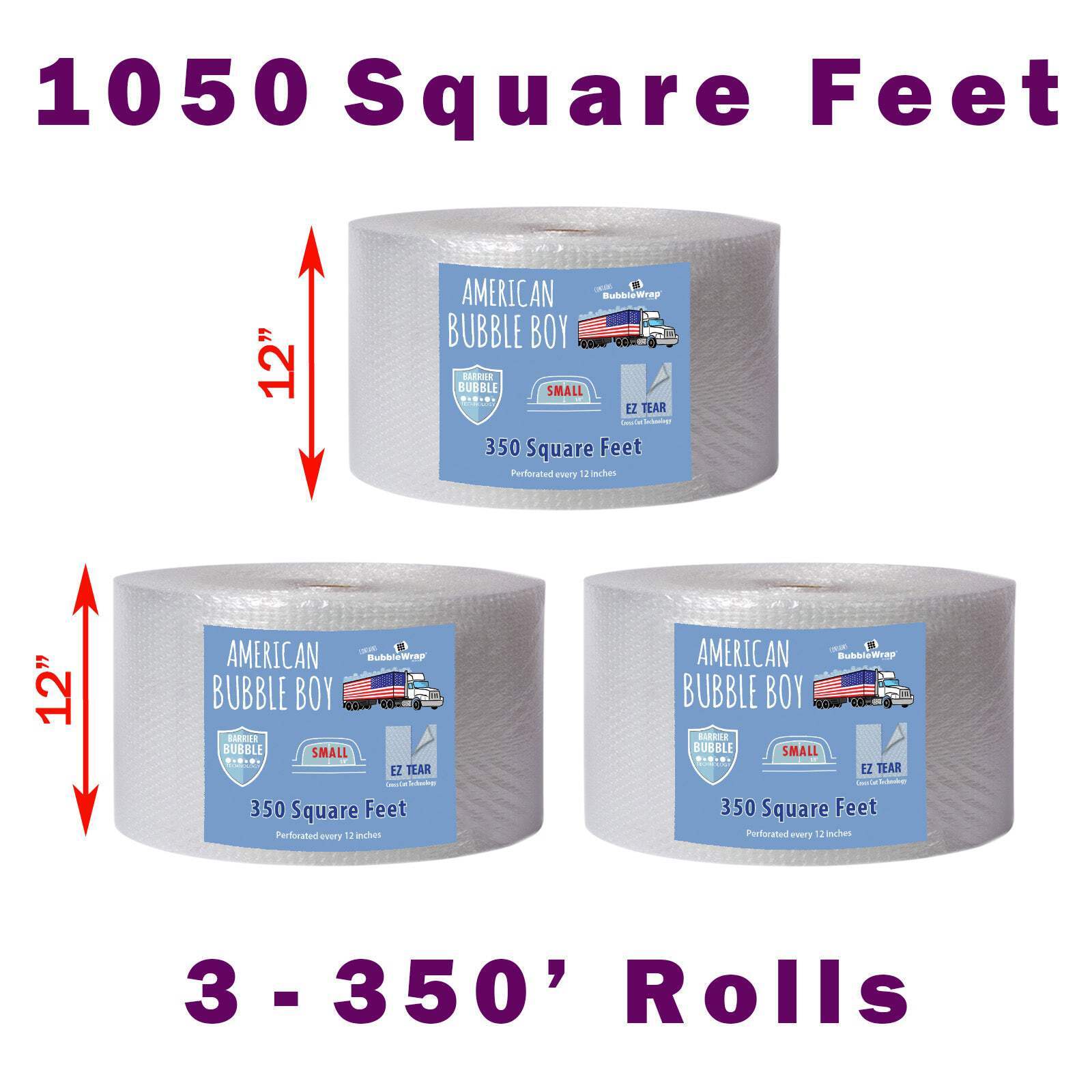 American Bubble Boy Wrap, 1050 Square feet, 1/8" (Small) Size Bubbles, 12" Wide,