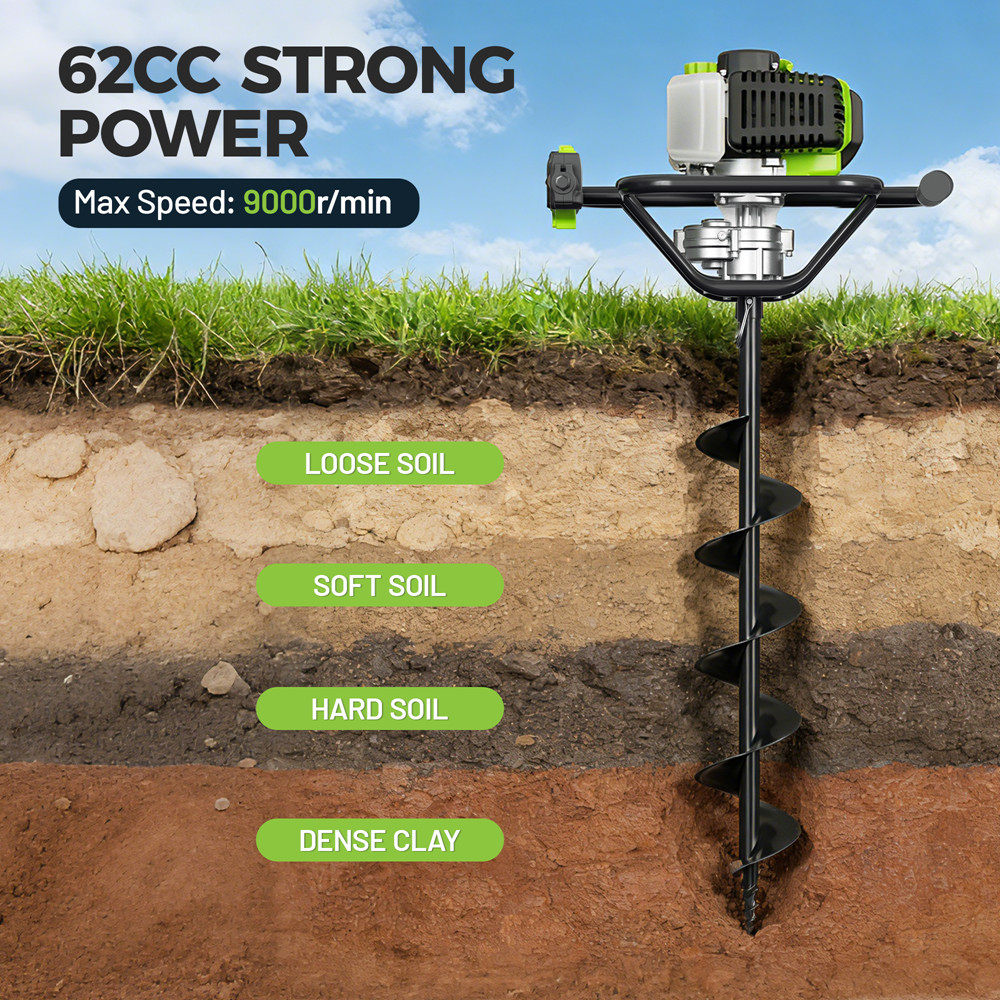 WORKPRO 62CC Post Hole Digger Gas Powered Earth Digger 4" 6" 8" Auger Drill Bits