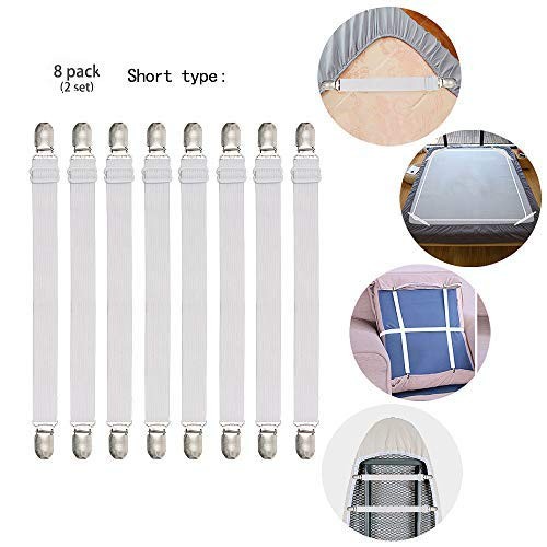 Adjustable Bed Sheet Straps Suspenders Elastic Short type 8 pcs -2 set, White