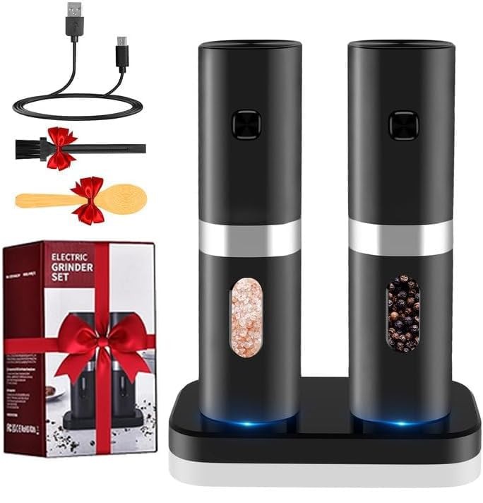 Salt and Pepper Grinder Set, USB Rechargeable Automatic Pepper Mill Set, Adju...