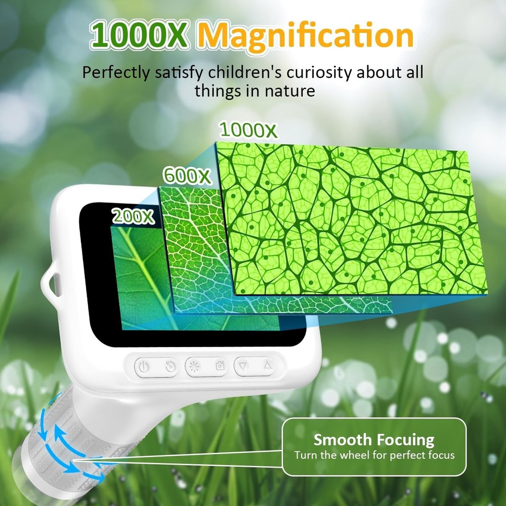 1000X Handheld Microscope for Kids, 3" IPS HD Screen, 3-Level LED Light