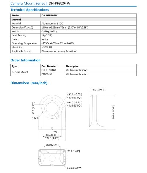 NEP PFB204W Wall Mount Bracket For Select Dahua Fixed Focal Eyeball Dome Camera