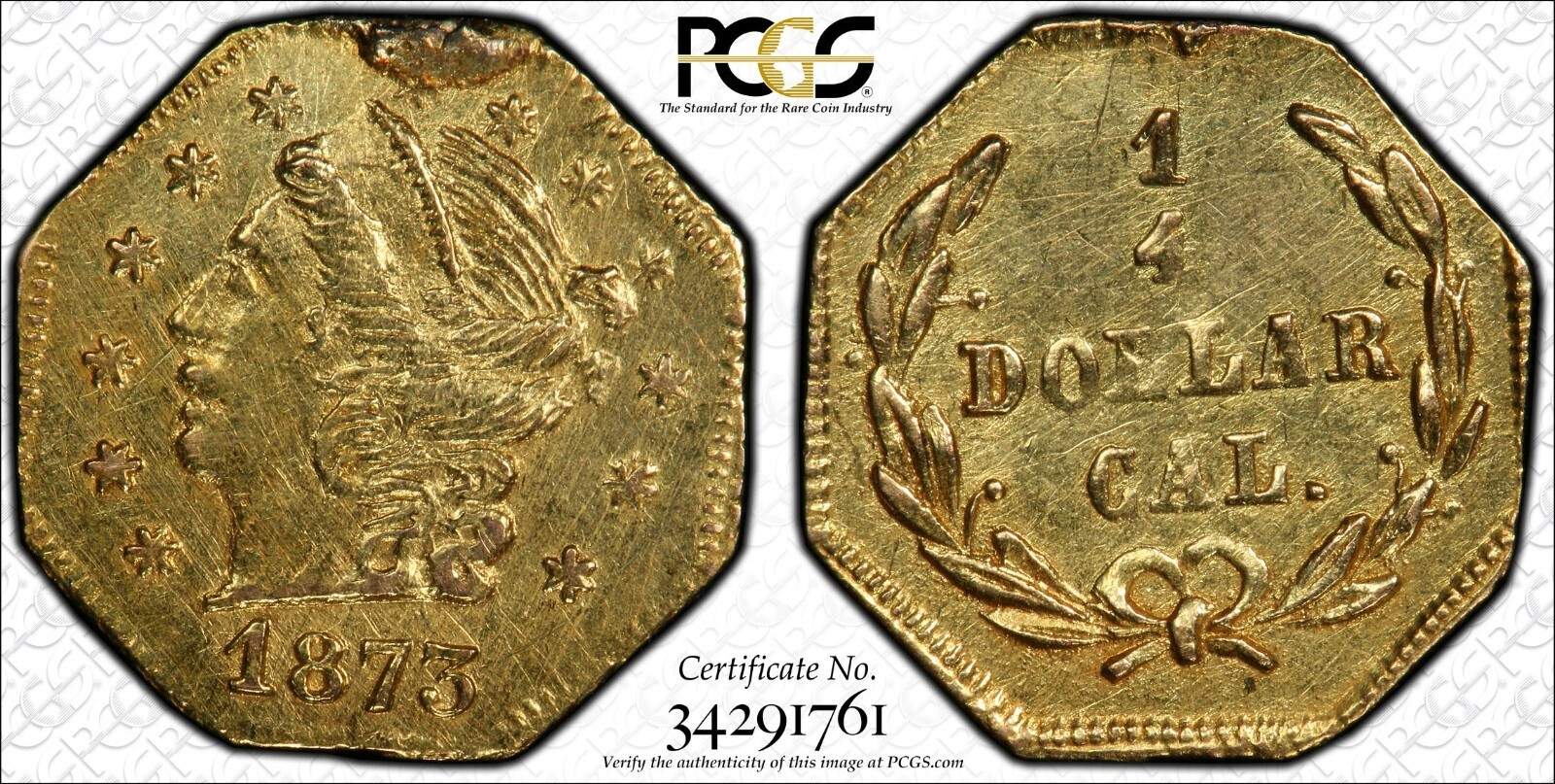 1873 US Quarter Dollar (25c) California Territorial Gold Coin - PCGS UNC Detail