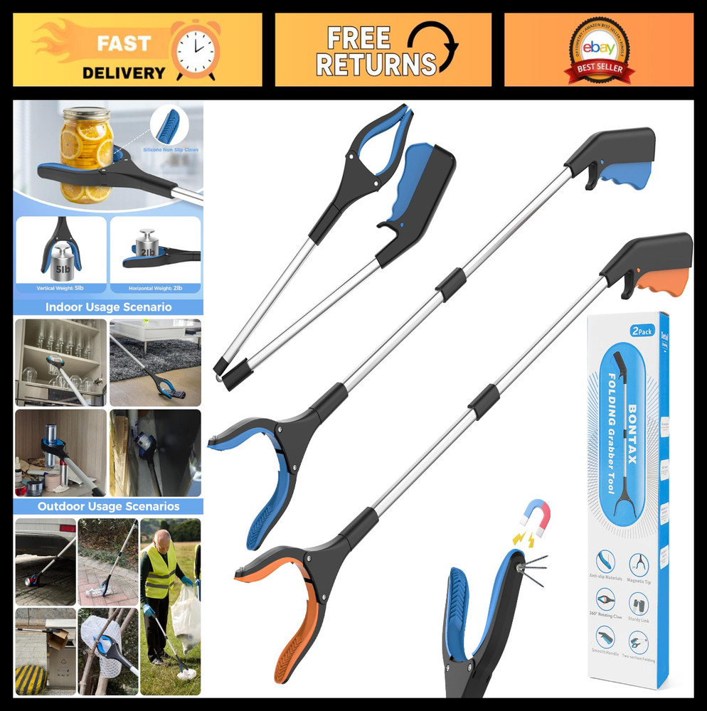 32" Long Handle Grabber Reacher Tool - 2 Pack, Easy Grip, Foldable, Magnetic Tip