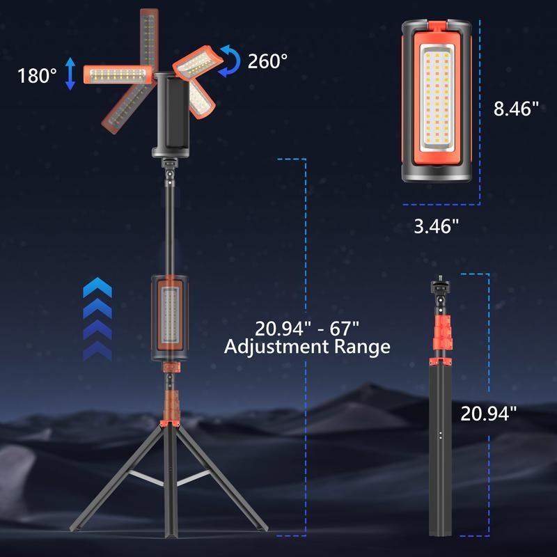 3-Head Rechargeable LED Camping Light 10000mAh, 67" Adjustable Stand, Tripod